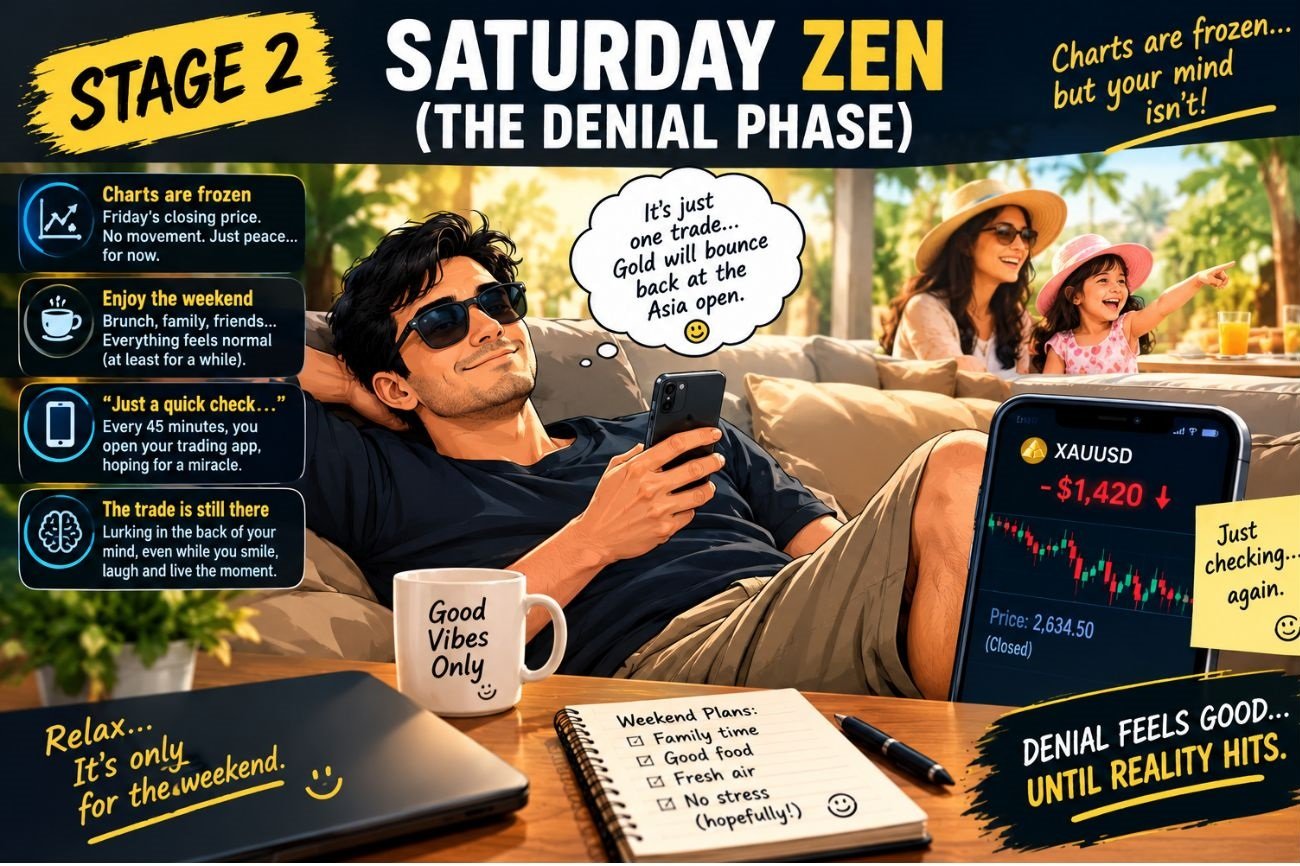 A gold trader enjoying Saturday calm while quietly denying a losing open position