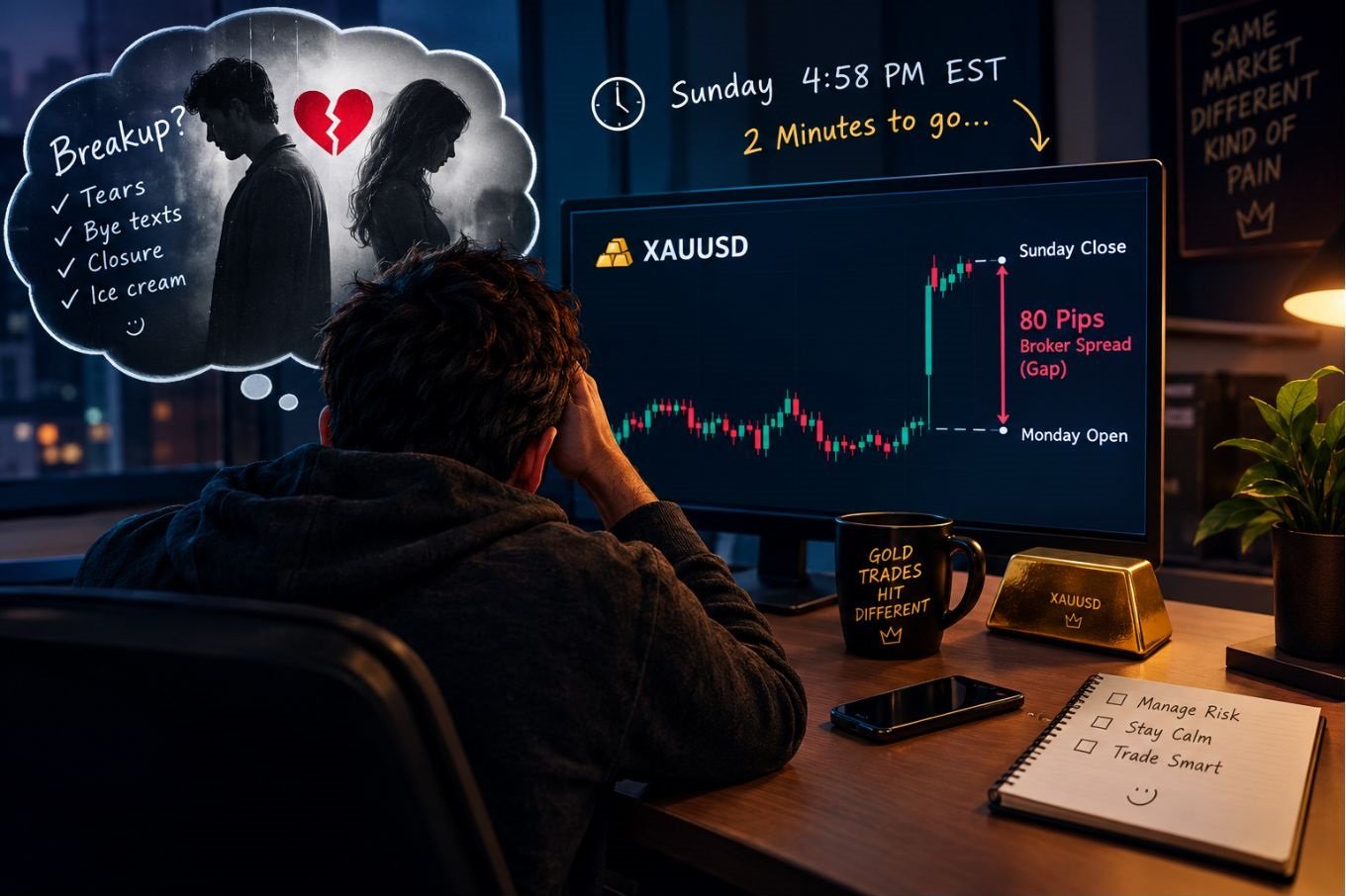 A stressed trader watches an XAUUSD price gap as the Sunday market opens