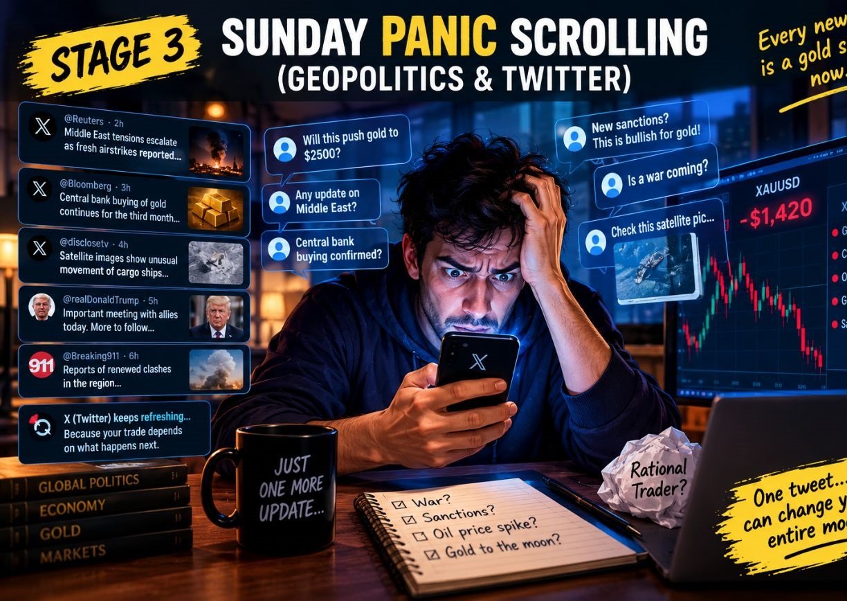 An anxious gold trader scrolling through Sunday geopolitical news before the market reopens