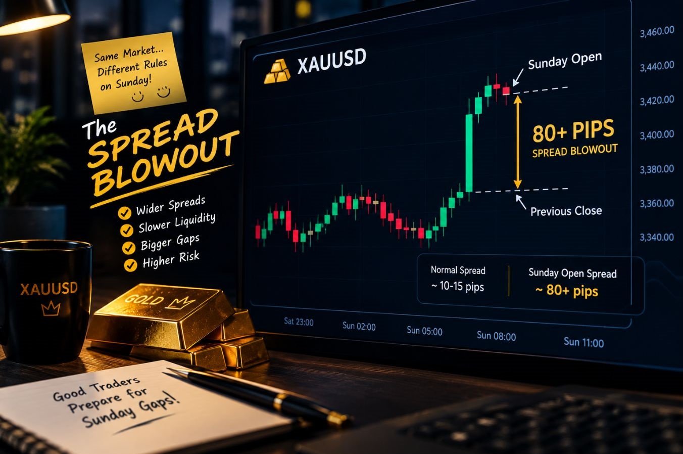 Illustration of an XAUUSD Sunday spread blowout and the gap between market close and open