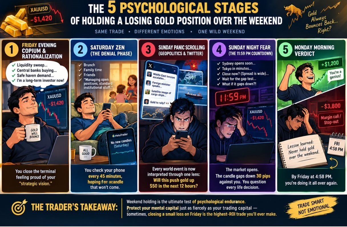 The five psychological stages of holding a losing gold trading position over the weekend