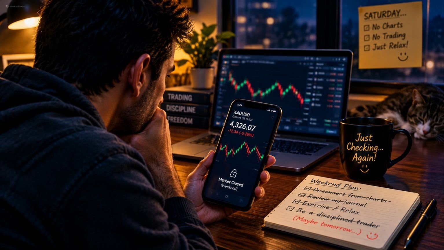 Forex trader repeatedly checking a frozen XAUUSD gold chart on his phone during the weekend